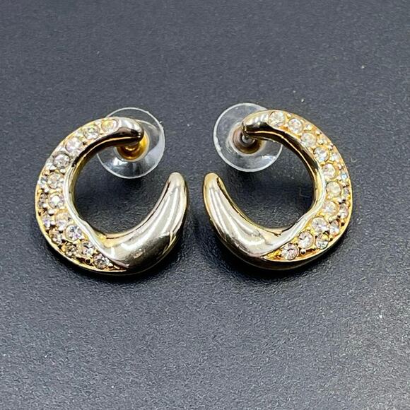 Swarovski Signed Vintage Gold Plated C Shaped Clear Crystal Pierced Earrings - Picture 2 of 8